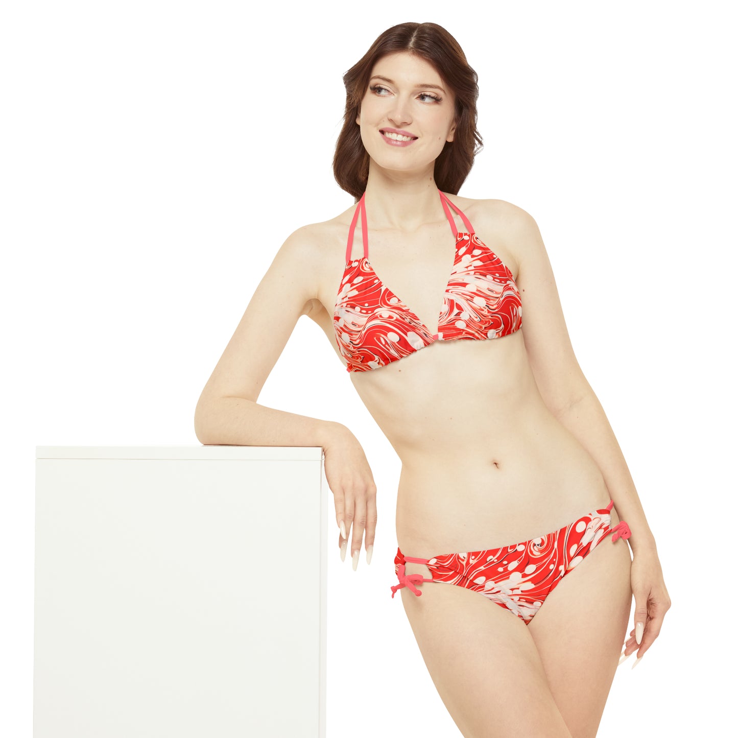 Red and White Swirls Strappy Bikini Set