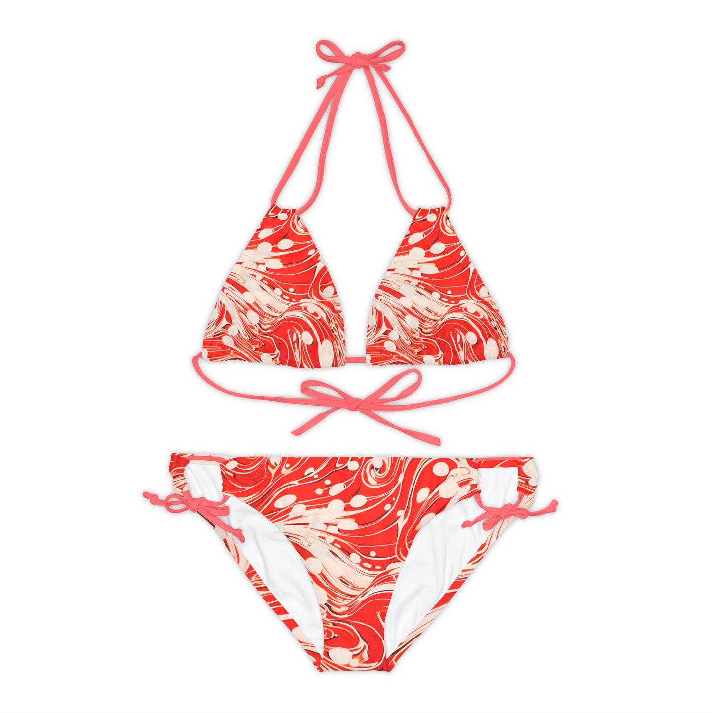 Red and White Swirls Strappy Bikini Set