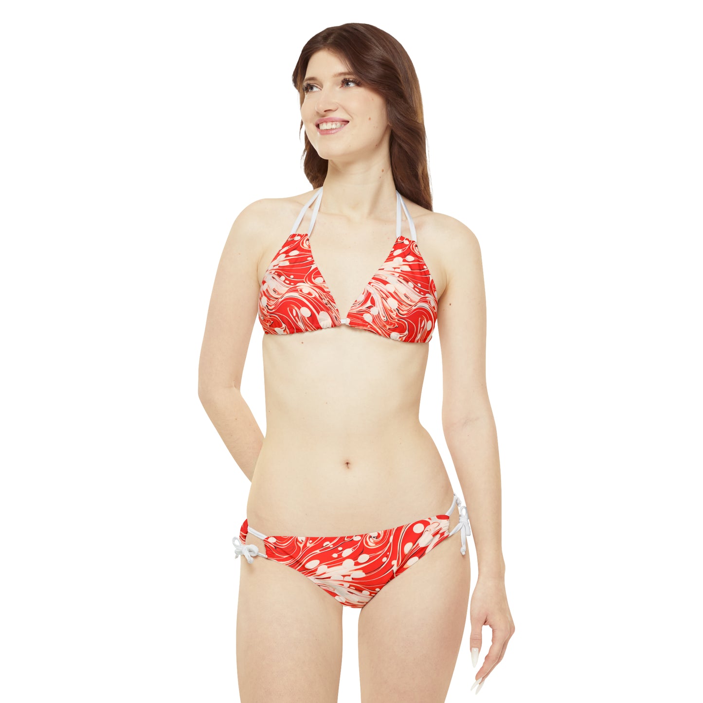 Red and White Swirls Strappy Bikini Set